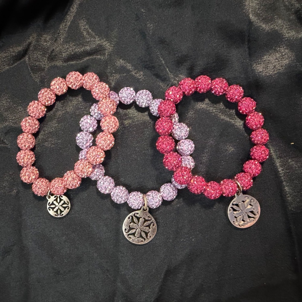 Rustic Cuff Beaded Stretch Bracelet Set OS Pink Purple Magenta Pave Disco Ball